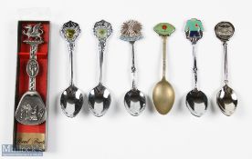 Rugby etc Spoons Selection (7): Six silver metal teaspoons about 5" long, most with coloured