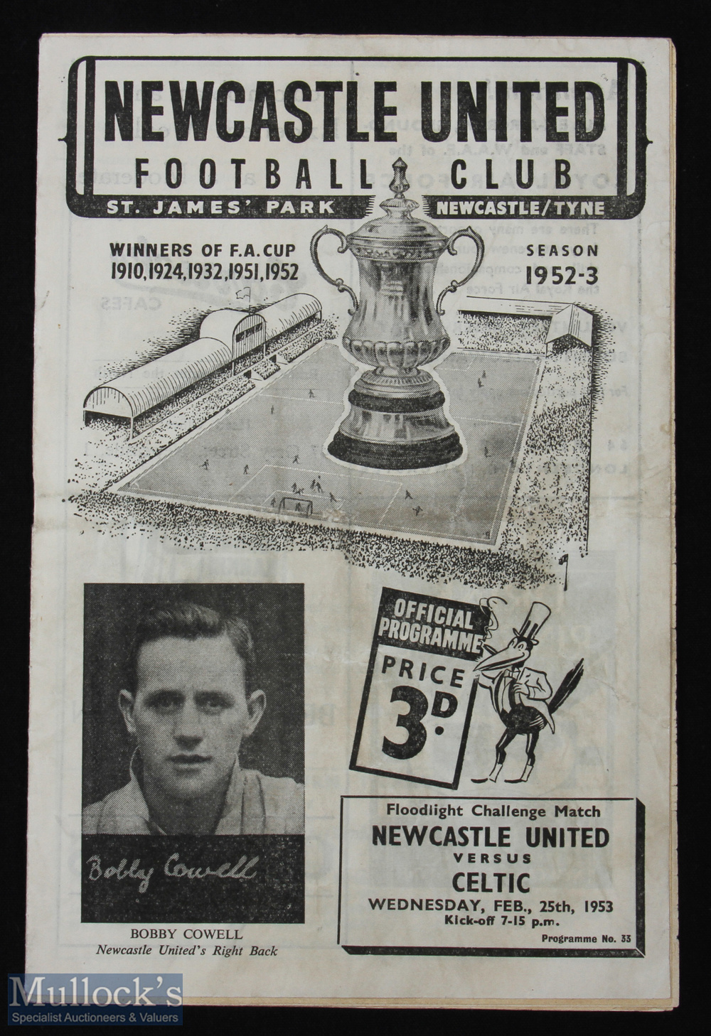 1952/53 Newcastle United v Celtic football programme floodlight opening date 25 Feb, light creasing,