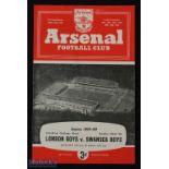 1959/60 London Boys v Swansea Boys football programme at Arsenal 8 Mar single sheet, good, clean