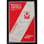 Menu: 1980s match menu v Wolverhampton Wanderers, 4 page card, Welcome to Anfield with signatures of