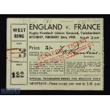 Scarce 1949 England v France Rugby Ticket: 5/- West Ring yellow card ticket for England's 8-3 win (