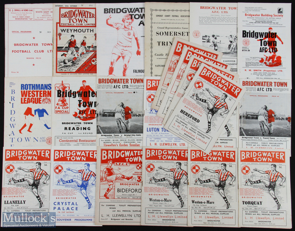 Collection of Bridgewater Town FC home programmes 1951/52 Radstock, 1952/53 Weymouth (Sellotape