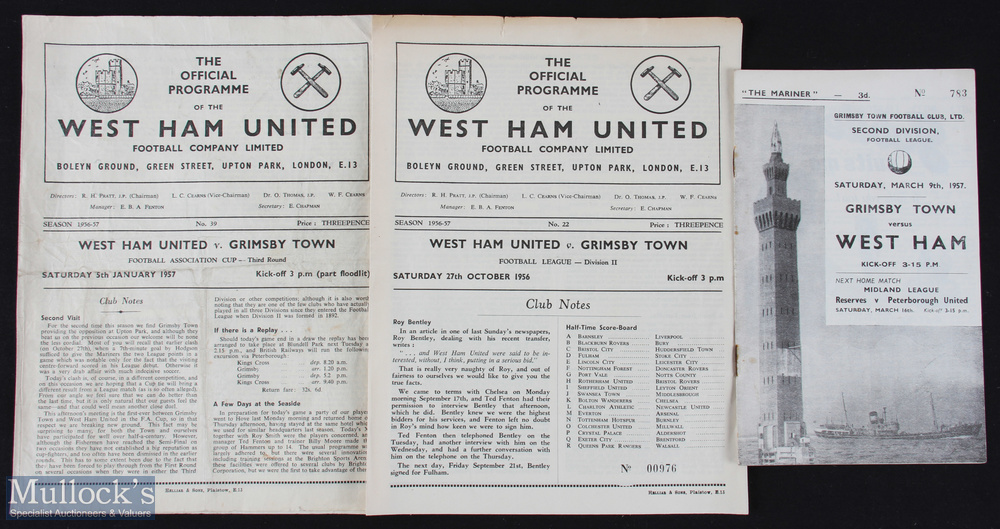 1956/57 Grimsby Town v West Ham Utd home & away league programmes plus away at West Ham Utd. (FA