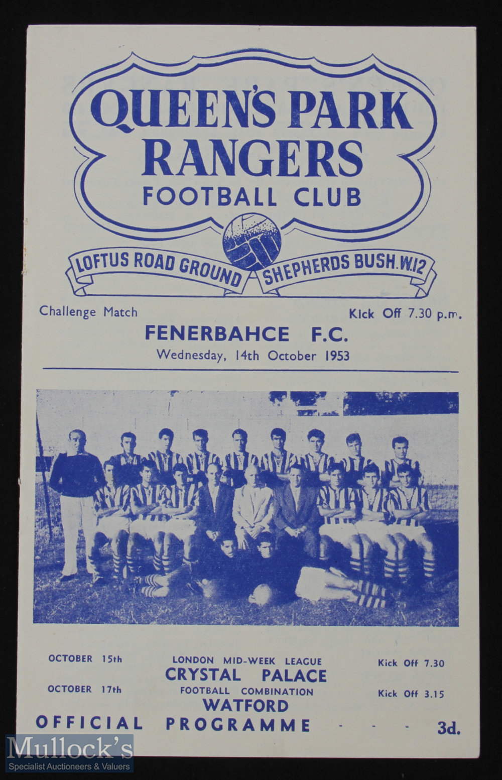 1953/54 Queens Park Rangers v Fenerbache FC football programme 14 Oct, no staples, o/w A/G