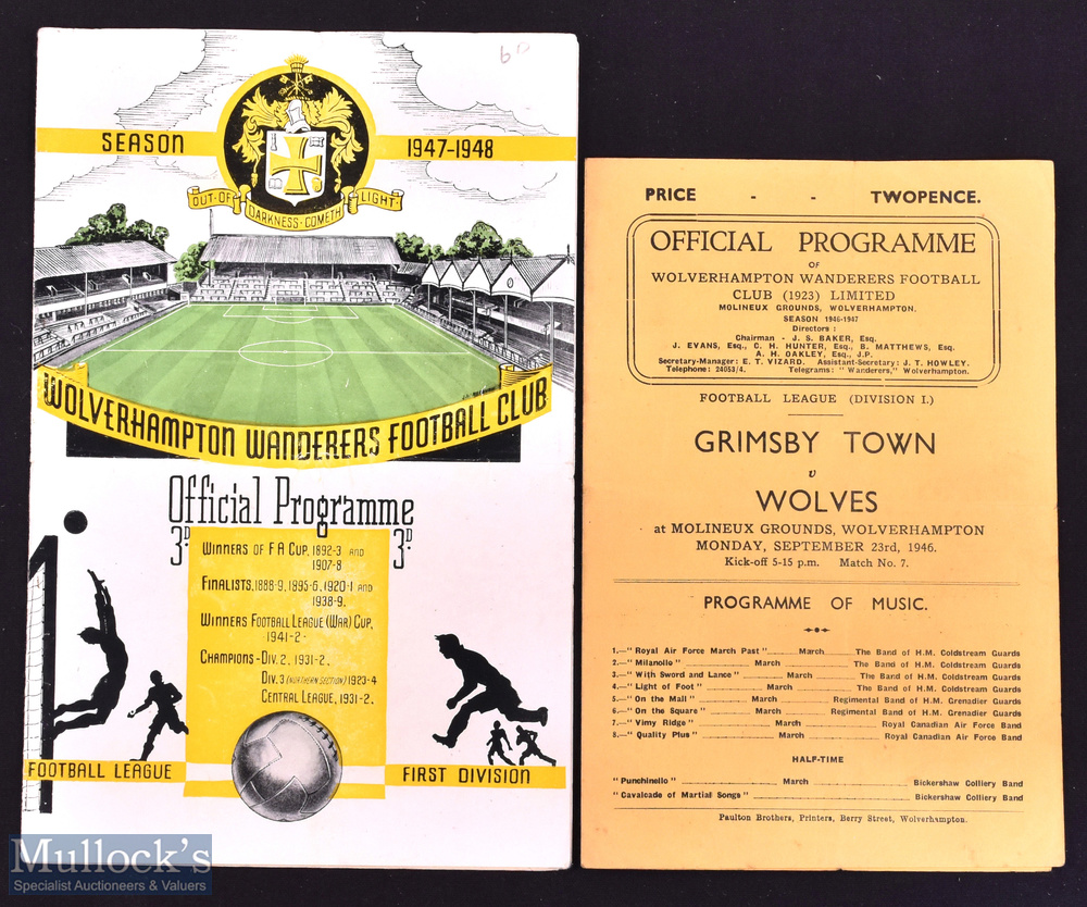 Wolverhampton Wanderers v Grimsby Town 1946/47, 1947/48 Division 1 match programmes; fair. (2)