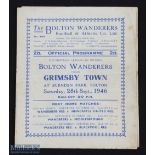 1946/47 Bolton Wanderers v Grimsby Town Div 1 match programme 28 September 1946; team changes,