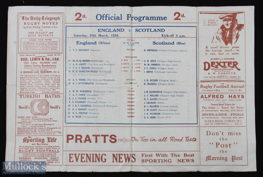 1926 England v Scotland Rugby Programme: Standard large 4pp fold over Twickenham issue of the day,