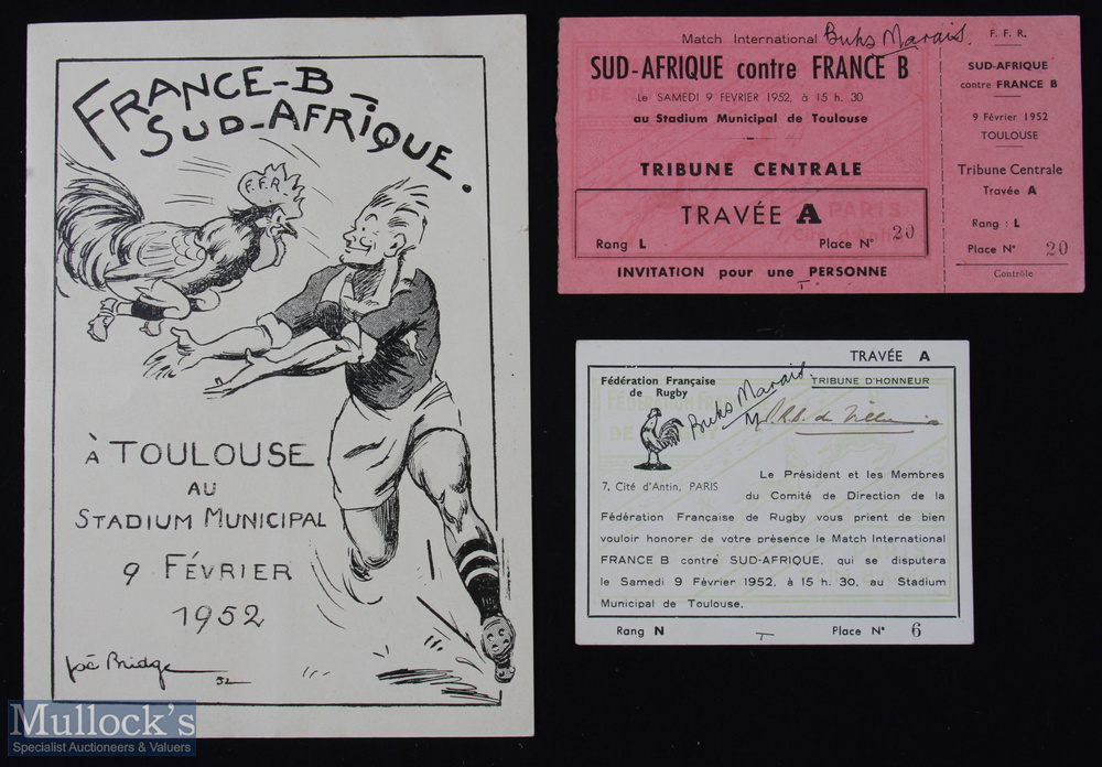 1952 France B v S Africa Signed Rugby Invite, Menu & Ticket (3): One of those superb Joe Bridge