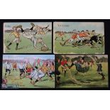 1900s Rugby Cartoon Postcards Selection C (4): Cartoons: 'A Try' and 'A Scrimmage', plus 'There's