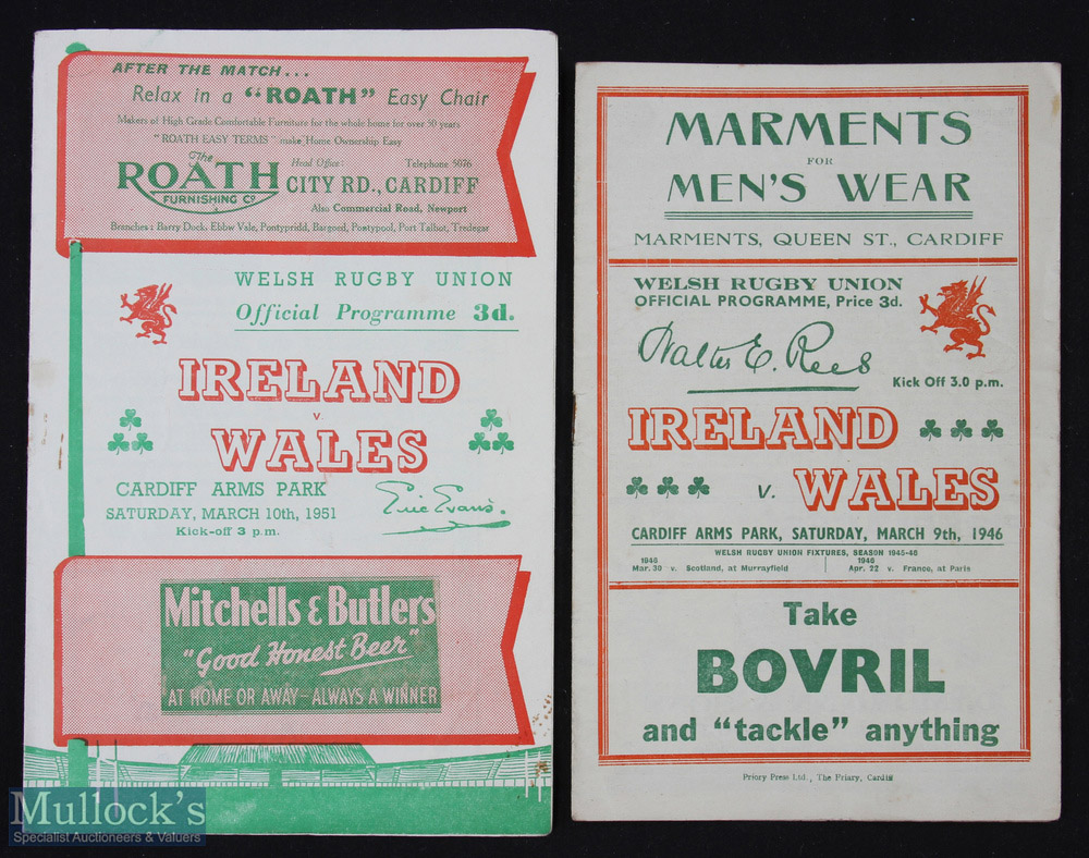 1946 & 1951 Wales v Ireland Rugby Programmes (2): Near mint, the Victory International issue from