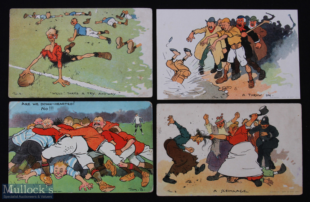 1900s Rugby Cartoon Postcards Selection A (4): Tom Browne, famed cartoonist inc sport, four of his