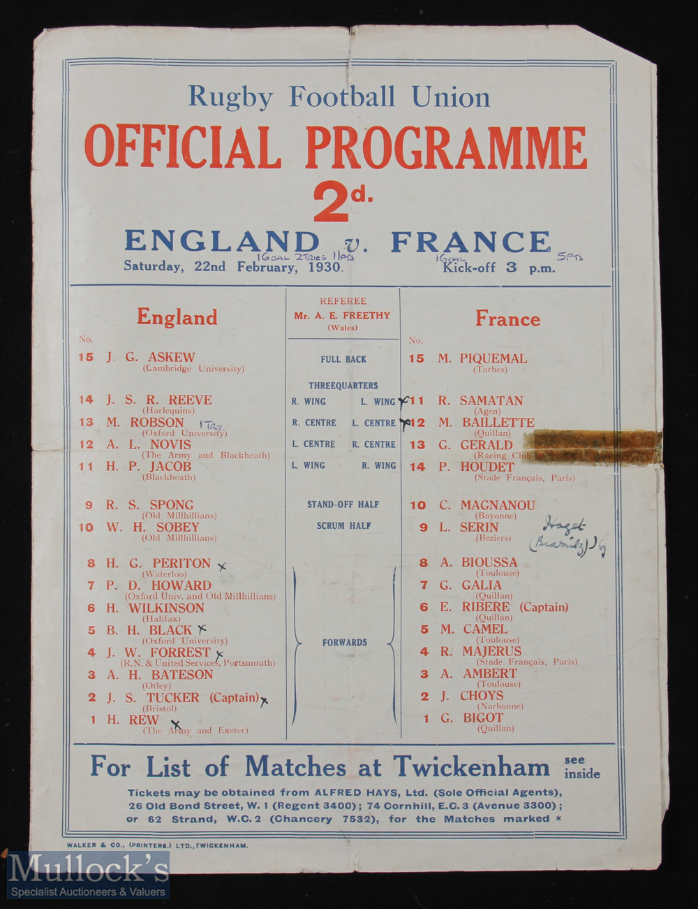 1930 England v France Rugby Programme: The last such home match v the French until after the end