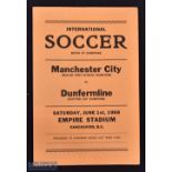 1968 Manchester City v Dunfermline Football Programme 1st June 1968 G