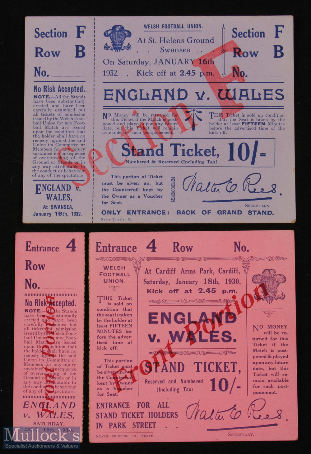 1930 & 1932 Wales v England Rugby Tickets (2): Pink and lilac respectively, crisp, neat & clean