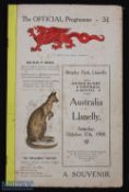 Rare 1908 Llanelli v Australia Rugby Programme: Great chance to obtain a sought-after and attractive