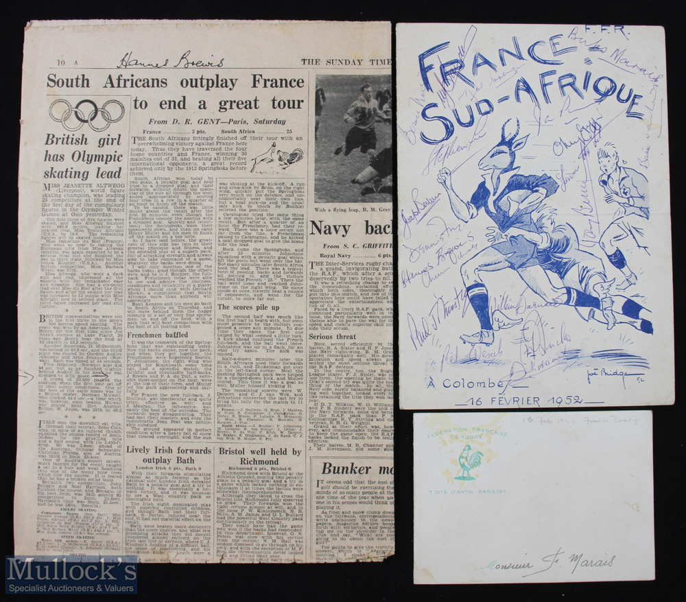 1952 France v S Africa Signed Rugby Menu, Tickets & Cutting (7): Joe Bridge's marvellous menu