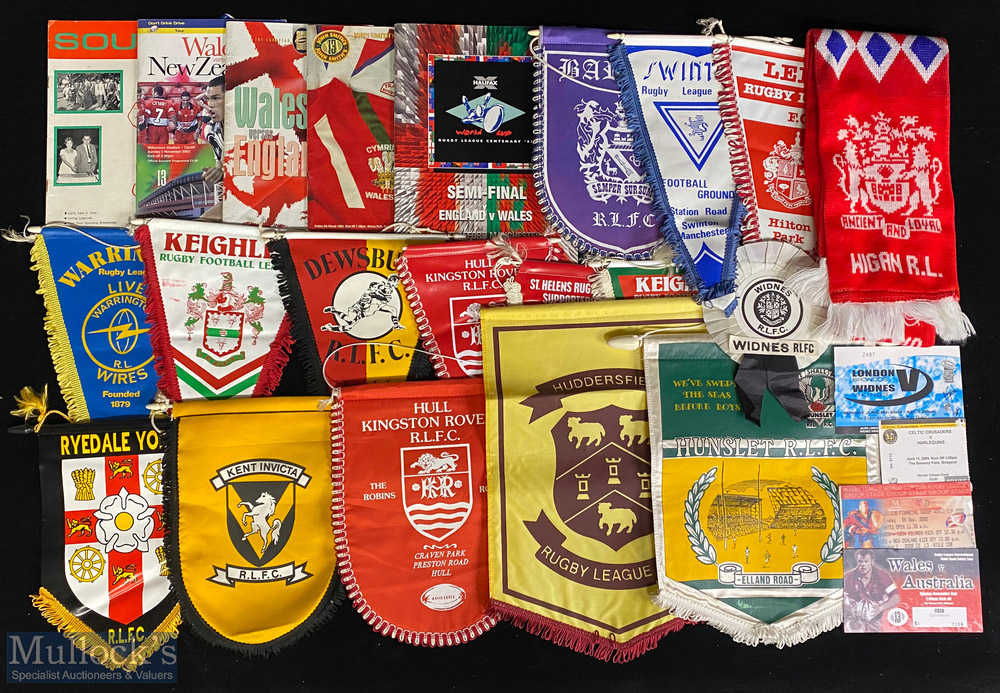 Rugby League Miscellany (27): To inc fabric or plastic R Lge Club pennants for Warrington, Barrow,