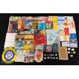 Football Collectables a box of mixed football items to include badges, patches, poster, tickets,