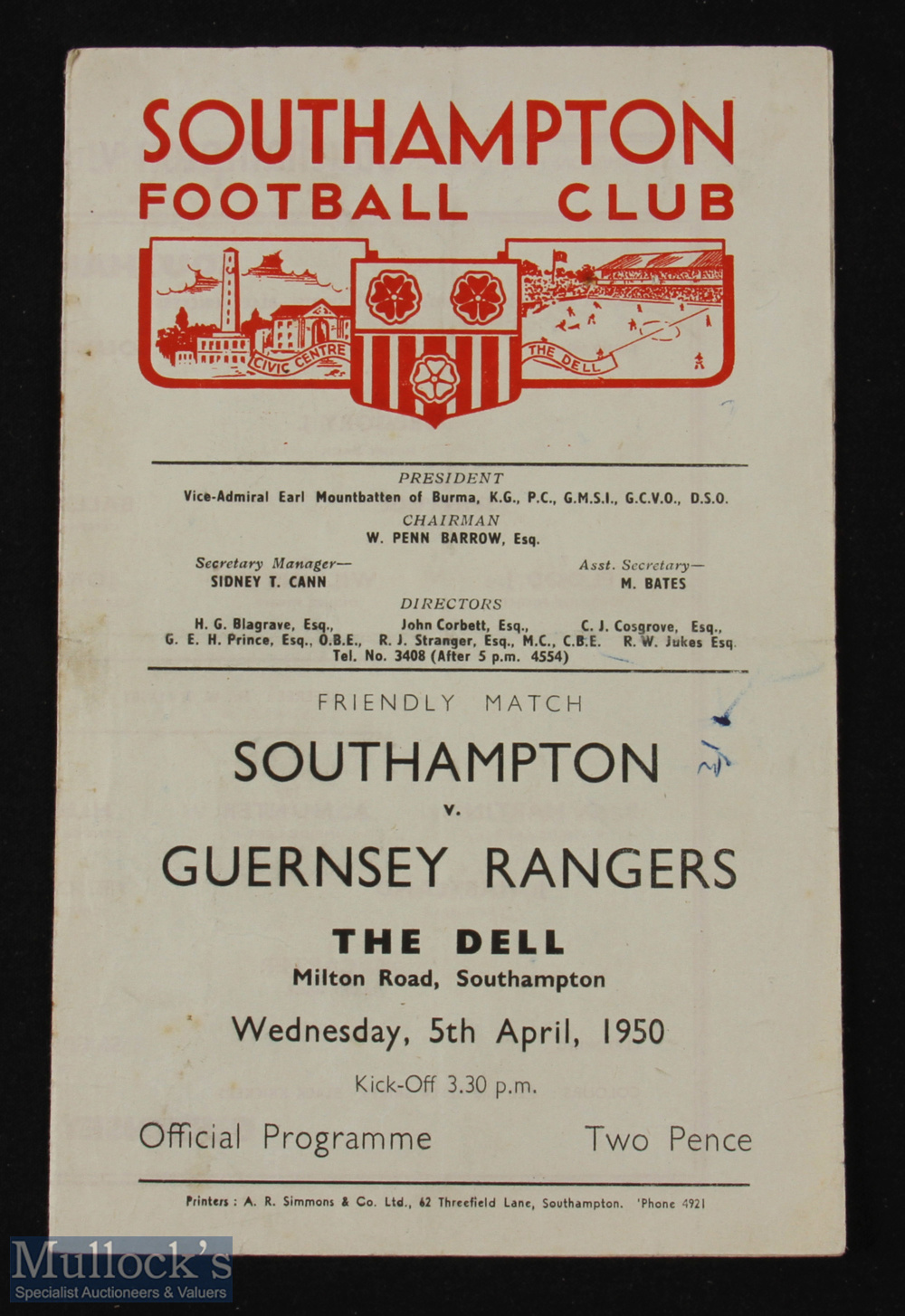 1950 Friendly match Southampton v Guernsey Rangers 4 pager, Wednesday 5 April 1950; slight mark,