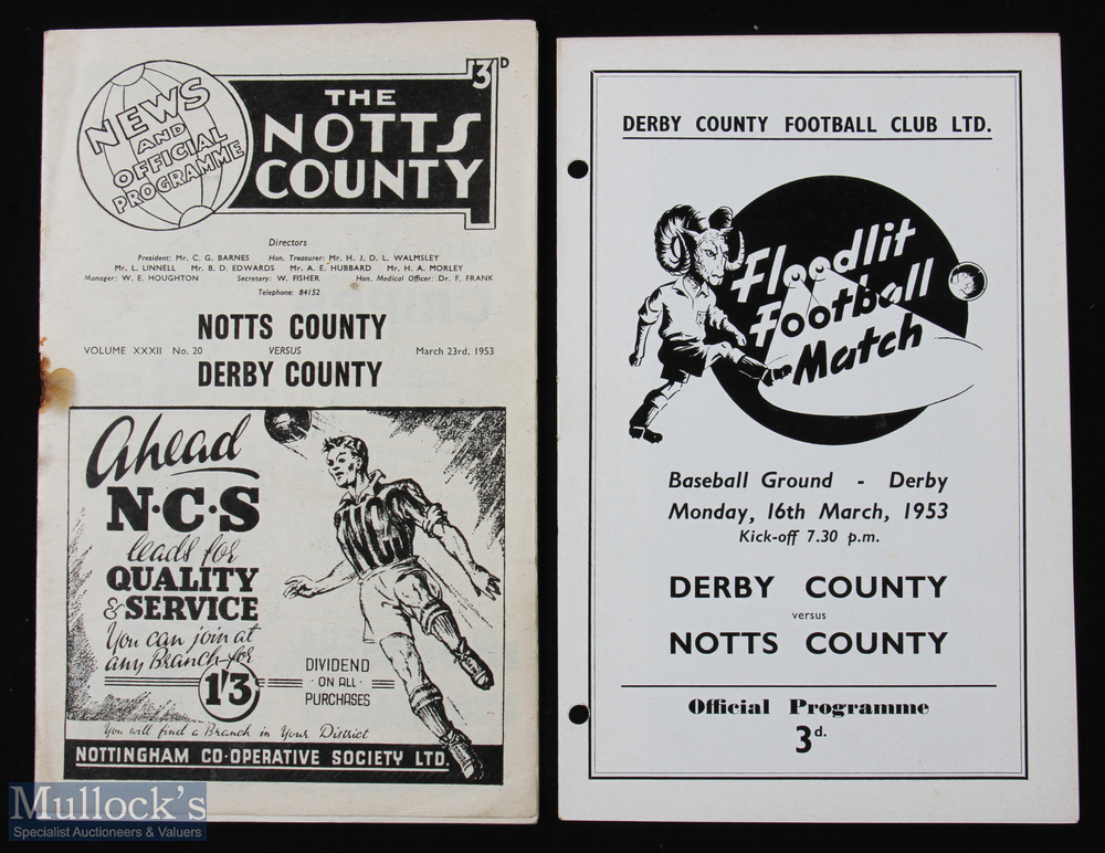 1952/53 Derby County v Notts County football programme floodlight opening date 16 Mar, holes