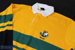 1986 IRB Overseas Unions XV Match Prepared Rugby Jersey: Splendid Gold & Green hooped one-off jersey