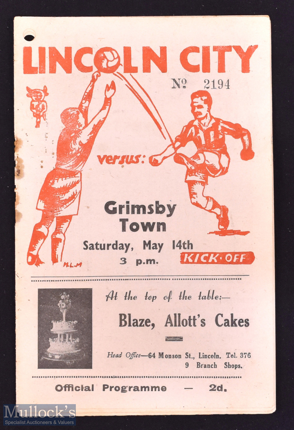 1948/49 Lincoln City v Grimsby Town Lincolnshire Cup final 14 May 1949; rusty staple removed, tiny
