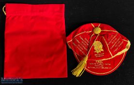 2003 Striking England RWC Win Commemorative Cap: Near mint, a bold scarlet and gold tasselled velvet