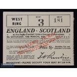 Scarce 1949 England v Scotland Rugby Ticket: Very clean buff West Ring player's issue for the