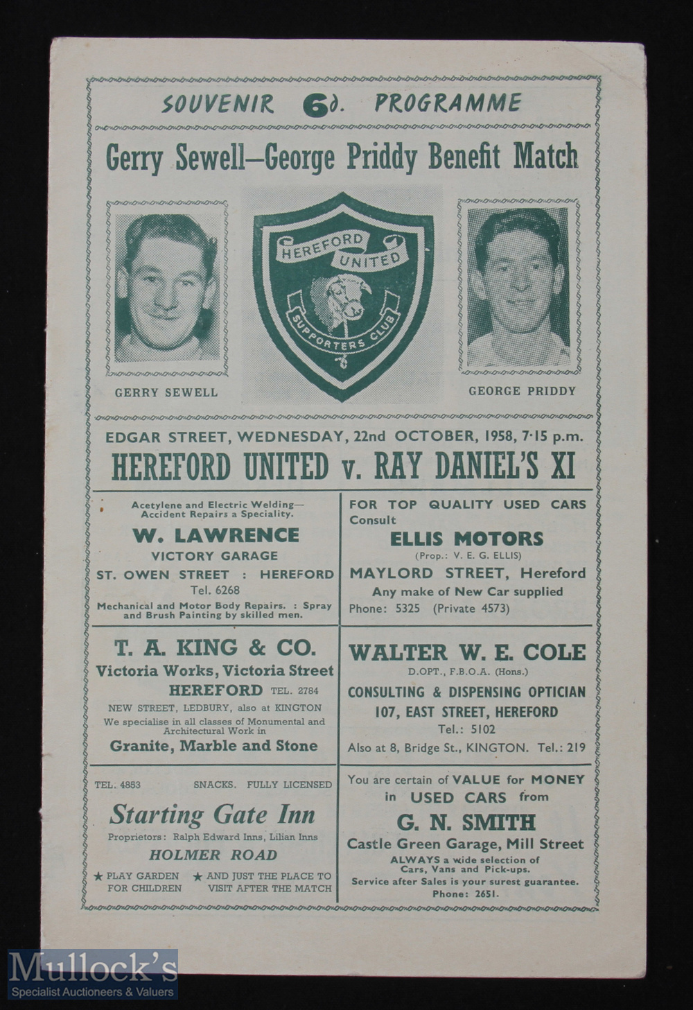 1958/59 Hereford United v Ray Daniel's XI football programme 22 Oct, single sheet, light creasing,