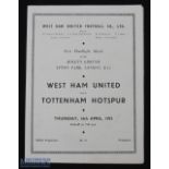 1952/53 West Ham United v Tottenham Hotspur football programme floodlight opening 16 Apr, single