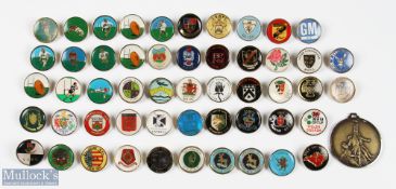 Rugby Badge Collection (53): 1" diameter coloured enamelled badges with gold metal backs and pins,