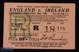 Scarce 1948 England v Ireland Rugby Ticket: Lovely clean & clear card ticket for this important