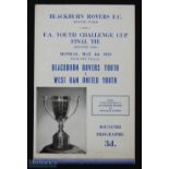 1959/60 Blackburn Rovers v West Ham United FA Youth Cup Final football programme 4 May, 2nd leg,