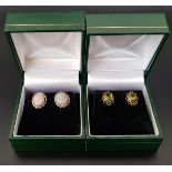 TWO PAIRS OF GEM SET STUD EARRINGS one pair set with opal and the other with peridot