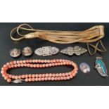 SELECTION OF JEWELLERY including a coral bead necklace, a multi strand gilt necklace by Grosse, an