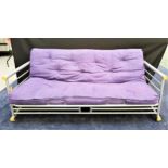 COMBINATION SOFA BED with a tubular steel frame and a button back purple seat/mattress, 200cm long