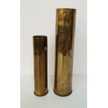 TWO BRASS ARTILLERY SHELLS 35cm and 25cm high (2)