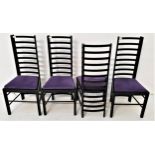 FOUR CHARLES RENNIE MACKINTOSH STYLE DINING CHAIRS with ladder backs and velvet lilac drop in seats,