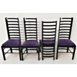 FOUR CHARLES RENNIE MACKINTOSH STYLE DINING CHAIRS with ladder backs and velvet lilac drop in seats,