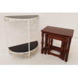 METAL DEMI LUNE SIDE TABLE painted white with two smoked glass shelves, 63cm x 52.5cm, together with
