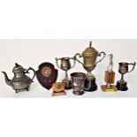 SELECTION OF SILVER PLATED AND OTHER TROPHIES including The Drybrough Trophy with twin handles and