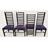 FOUR CHARLES RENNIE MACKINTOSH STYLE DINING CHAIRS with ladder backs and velvet lilac drop in seats,