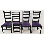 FOUR CHARLES RENNIE MACKINTOSH STYLE DINING CHAIRS with ladder backs and velvet lilac drop in seats,