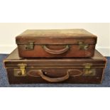VINTAGE BROWN LEATHER SUITCASE with leather carry handle and two brass locks, 18cm high x 61cm