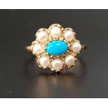 TURQUOISE AND PEARL CLUSTER RING the central oval cabochon turquoise stone in eight pearl