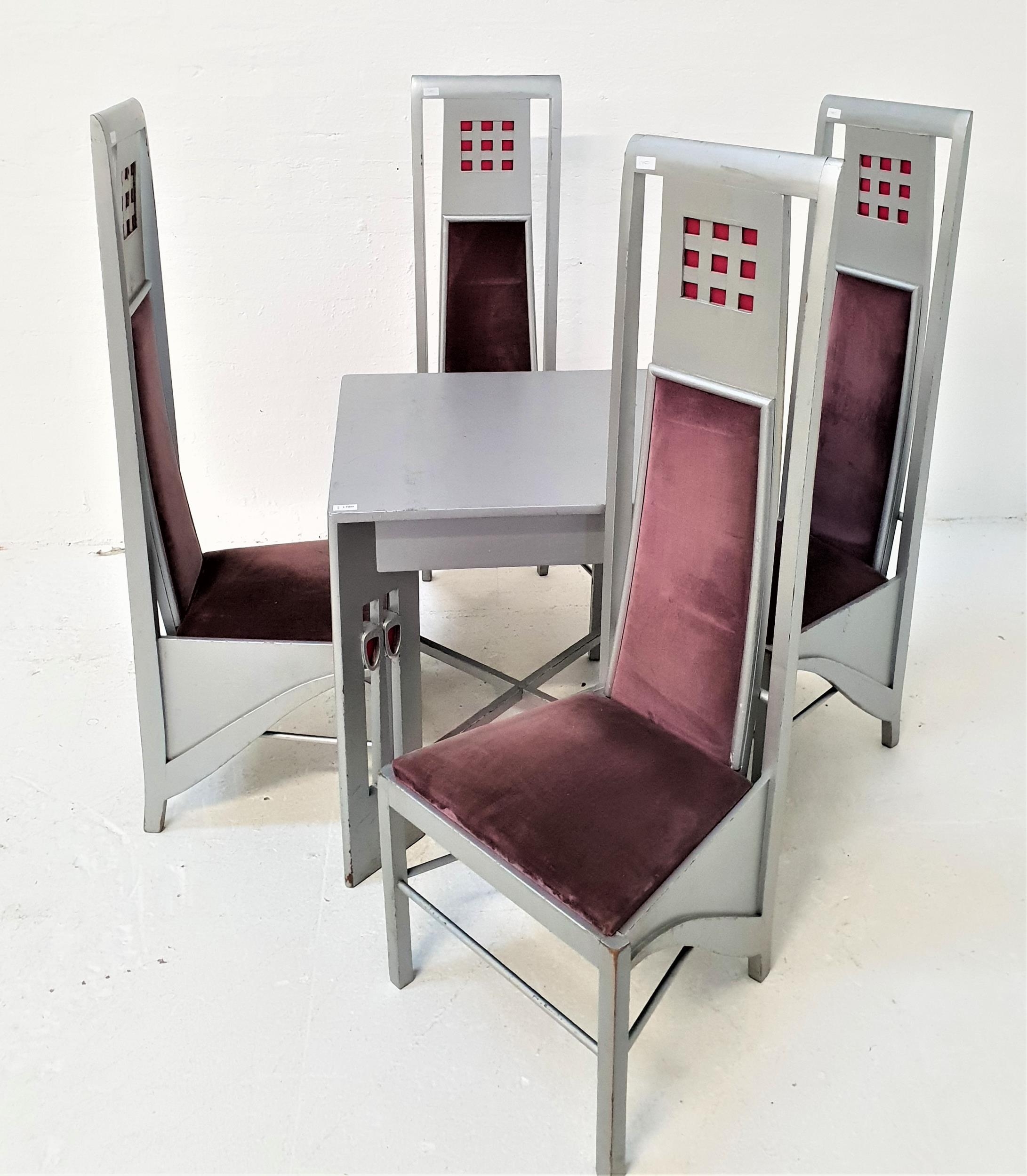 CHARLES RENNIE MACKINTOSH STYLE TABLE AND CHAIRS the table with a square top, standing on pierced