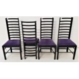 FOUR CHARLES RENNIE MACKINTOSH STYLE DINING CHAIRS with ladder backs and velvet lilac drop in seats,
