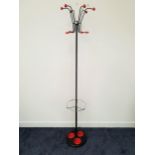 1950s RETRO METAL COAT/HAT STAND with six shaped hooks with red plastic ends, the central black