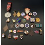SELECTION OF VARIOUS BADGES some enamelled, including Russian/USSR depicting athletics, football and