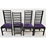 FOUR CHARLES RENNIE MACKINTOSH STYLE DINING CHAIRS with ladder backs and velvet lilac drop in seats,